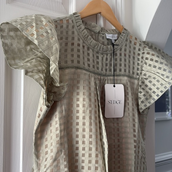 NWT Sedge Dress Celery Green Puff Sleeves Silk / Cotton Luxury Boutique Small - Picture 5 of 11